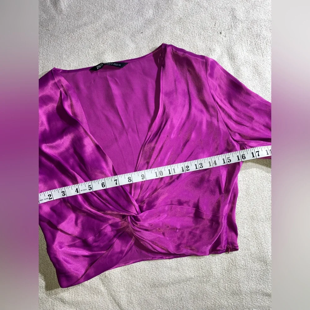 Zara Satin Purple Fuschia Longsleeve Twist Front Knotted Crop Top - Picture 8 of 14
